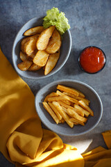 Fototapeta na wymiar Fried Fries Potato Sauce health