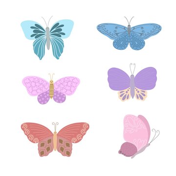 Fancy little colorful butterflies set in simple flat style vector illustration, symbol of Easter holidays, spring or summer, celebration decor, clipart for cards, banner, springtime decoration, cute i