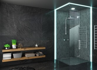 Modern dark glass shower room with led - obrazy, fototapety, plakaty