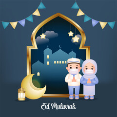 Eid al-fitr in covid-19 theme greeting card. Cartoon style vector design 