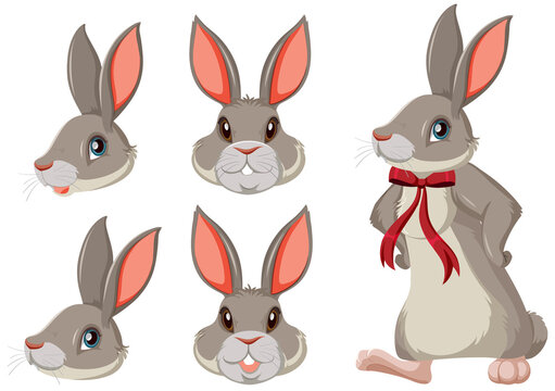 Set of gray bunny with red ribbon