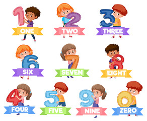 Set of different children holding the numbers isolated on white background