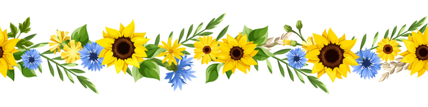 Horizontal seamless border with blue and yellow sunflowers, cornflowers, dandelion flowers, gerbera flowers, ears of wheat, and green leaves. Vector illustration