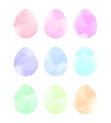 Pastel watercolor set of Easter eggs for the holy holiday of Easter. Templates for icons, website, postcards, stickers and presentations.

