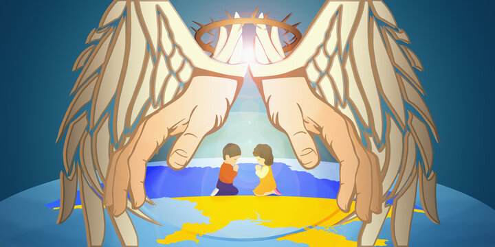 The hands and wings of God cover the praying children and the sky over Ukraine