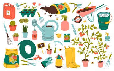 Collection gardening tools and plants. Farmers craft. Home gardening, growing natural and ecological products. Water can, soil, cacti, rake, chopper, shovel. Flat style in vector illustration.