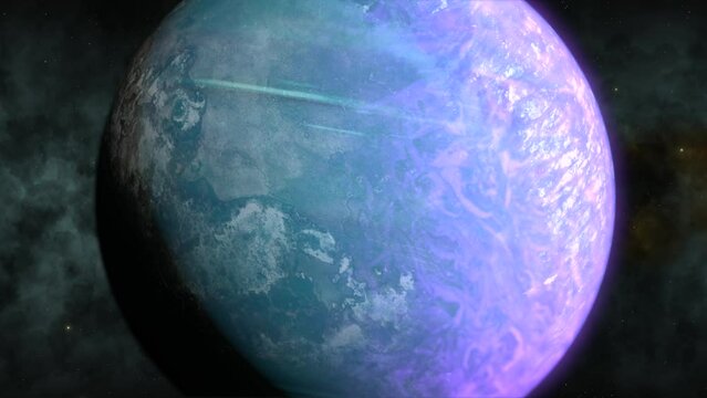 Close up journey towards unexplored rotating super earth like exoplanet in distant space, CGI, universe