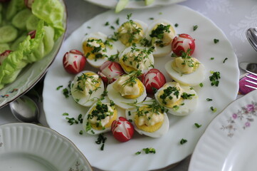 Easter eggs with decoration and toppings served for Easter holiday as traditional meal in Poland