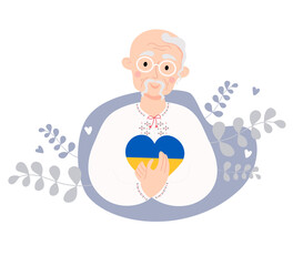 Cute Elderly Ukrainian Cossack man in glasses with mustache and forelock hairstyle in traditional embroidered clothes with yellow-blue heart. Color of Ukrainian flag. Vector illustration