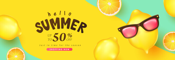 Summer sale banner background with funny lemon decorate