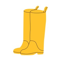 A pair of yellow rubber boots. Shoes for dirty weather. Worker boots. Farmers craft. Home gardening. Flat style in vector illustration. Isolated on white background.