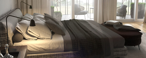 Fototapeta premium Minimalist modern interior design bedroom with panoramic windows. Contemporary bed with night tables. Web banner. 3d rendering. 3d illustration.