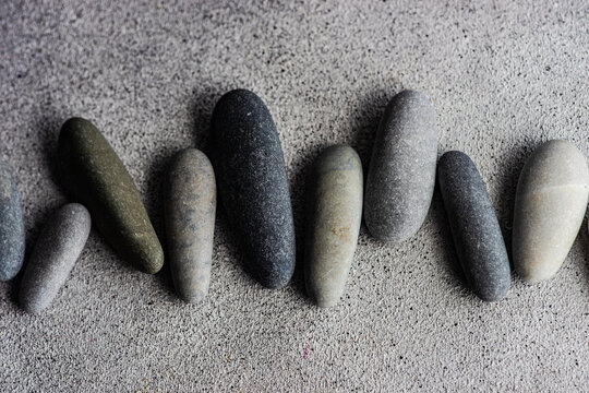 Overhead view of assorted stones on a table