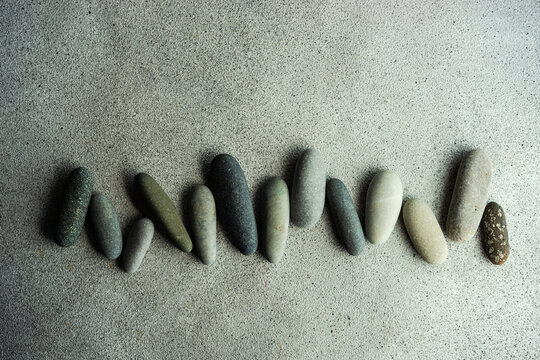 Overhead view of assorted stones on a table