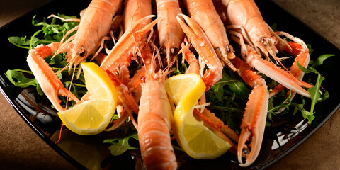 Plate of shrimps in restaurant banner size