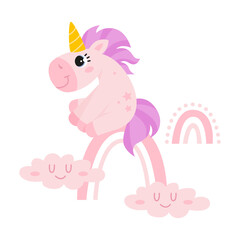 Cute vector illustration of a unicorn sitting on a rainbow  isolated on white