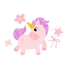 Cute vector illustration of a unicorn with magic wand and flowers  isolated on white