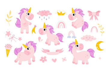 Vector set of cute pink unicorns, rainbows, clouds, stars and flowers. Children illustration