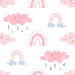 Seamless vector pattern with clouds and rainbows