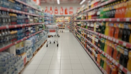 Blurry unfocused background of goods in the supermarket. Shelves with products. Food products. Food...