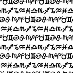 Black hand-drawn western zodiac symbols on white seamless pattern vector. Astrological black and white endless texture 