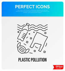 Plastic pollution. Plastic bottle, plastic bottle and medical mask in ocean or sea. Thin line icon. Overconsumption. Trash under water. Vector illustration.