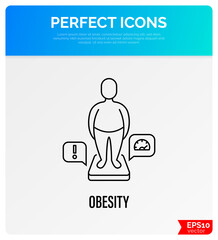 Obesity thin line icon. Man with excess weight on scales. Overeating, health problem. Overconsumption. Vector illustration.