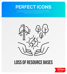 Resource depletion. Sign of energy in human hands, windmill and forests. Overconsumption of natural resources. Loss of resource base thin line icon. Vector illustration.