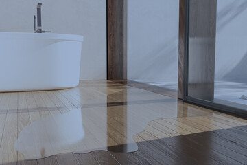 Water flooding on wood parquet floor. modern bathroom interior with bathtub