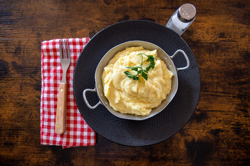 top view mashed potato in a dish on a plate