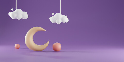 Ramadan Kareem celebration with 3D rendering illustration of a crescent moon and hanging clouds against a night sky background.