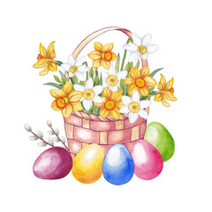Obraz na płótnie Canvas Watercolor illustration, flower basket, daffodils and easter colored eggs. Postcard, decor, congratulations.