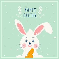 Happy Easter white hare with a carrot postcard