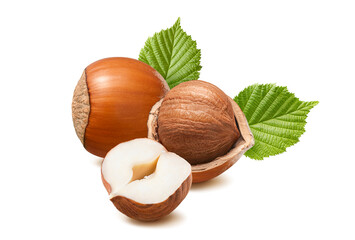Group of whole and shelled hazelnuts with leaves isolated on white background
