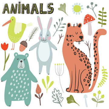 Set of cute different animals and plants objects in Scandinavian style. Cartoon doodle kids clipart for baby shower invitation card, nursery room decor, poster.