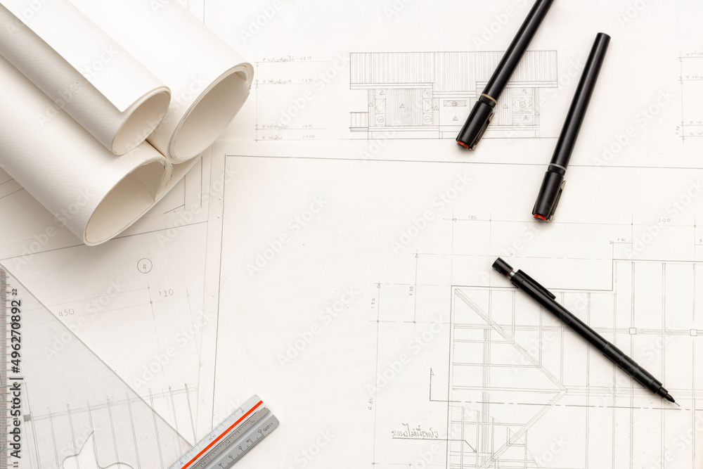 Poster mockup of architectural concept, drawing tool and engineer drawing on blueprint with roll blueprint