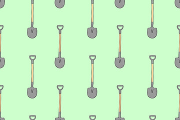 Seamless pattern with garden shovels, spades, scoops. Vector backgrounds and textures with tools for working on the farm, in dacha, country site in flat doodle style
