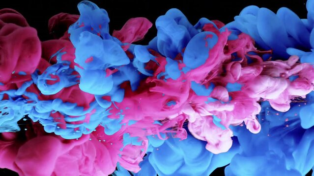 Blue And Pink Abstract Art Effect. Color Clouds Mixing. Black Background. Abstract Motion Backdrops, Cartoon Transitions, Art Effects. 