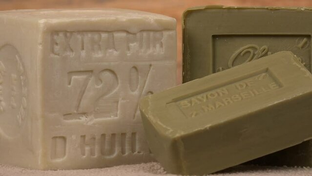 Marseille soap natural Multicolor soaps handmade with organic oil of olive, on turntable, France