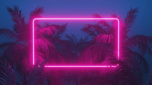 Retrowave glowing rectangle frame appears in the tropical palm tree zoom in