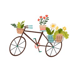 Fototapeta na wymiar Decorative bicycle decorated with flower pots. Decoration for garden or park. Lawn design. Hand drawing print design. Flat style in vector illustration. Isolated element.