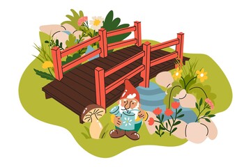 Decorative bridge across the pond, decorated with stones, flowers and garden sculptures. Garden gnome. Decoration for garden or park. Flat style in vector illustration. Isolated element.