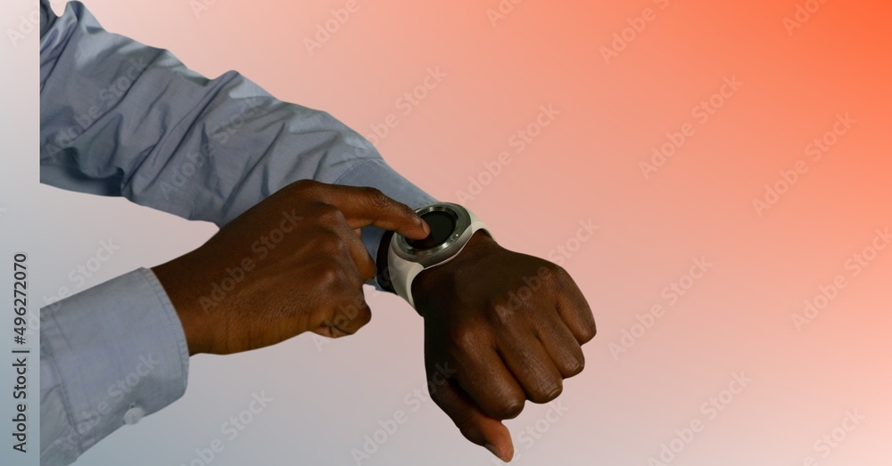 Poster mid section of a businessman using smartwatch against copy space on gradient background