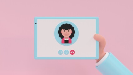 Online meetup. Cartoon human hand holding digital tablet with communication app. 3d render illustration