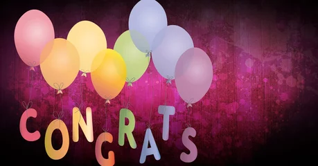  Congrats text tied to a bunch of colorful balloons against red wooden background © vectorfusionart