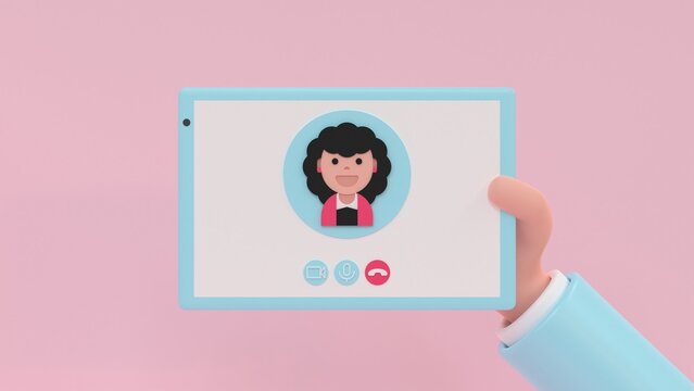 Online meetup. Cartoon human hand holding digital tablet with communication app. 3d render illustration