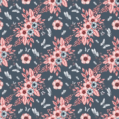 Watercolor pattern with anemones, butterflies, flowers, berries, twigs
