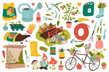 Set with garden concept elements. Soil, water can, vegetables, tools, flowers and garden sculptures. Garden gnome. Decoration for garden or park. Flat style in vector illustration. Isolated element.