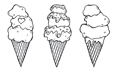 Vector set of hand drawn ice cream illustration isolated on white backgrounds. Cute dessert clipart. For print, web, design, decor, logo.