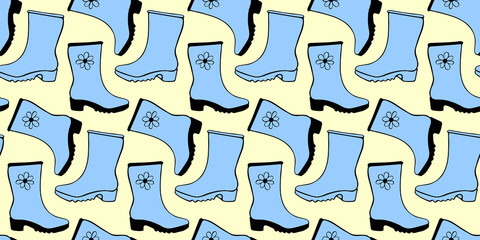 Vector seamless pattern of outline rubber rain boots for rainy weather or gardening, isolated. Hand drawn background and texture with element of clothes in doodle style